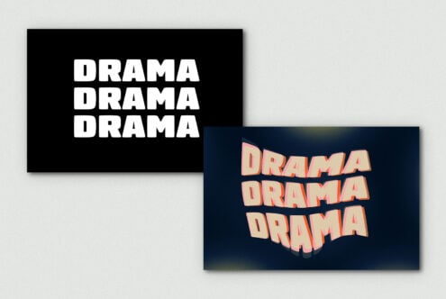 Two text style mockups showing DRAMA in bold white on black plus layered 3D effect