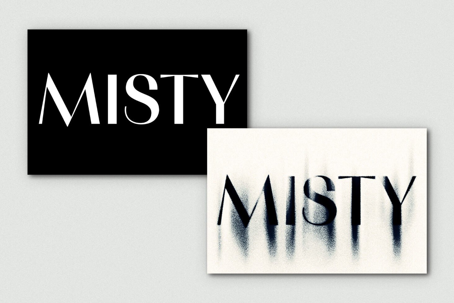 Bold font showcase with the word Misty in black and white contrasting designs. Ideal for typography lovers and graphic designers seeking unique fonts.