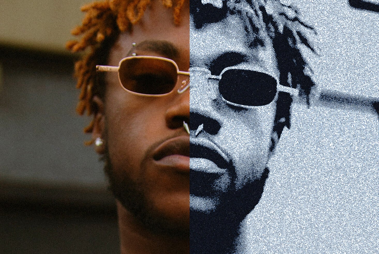Portrait split image of a person wearing sunglasses, showing a transition from realistic color to halftone effect. Perfect for graphic design projects.