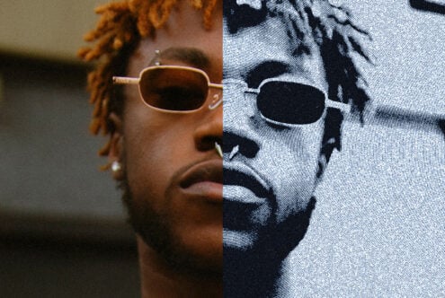 Portrait split image of a person wearing sunglasses, showing a transition from realistic color to halftone effect. Perfect for graphic design projects.