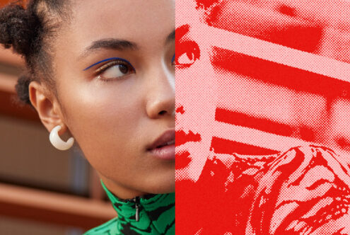 Half-tone graphic template featuring a close-up of a person with blue eyeliner and green outfit, perfect for digital art and design projects.