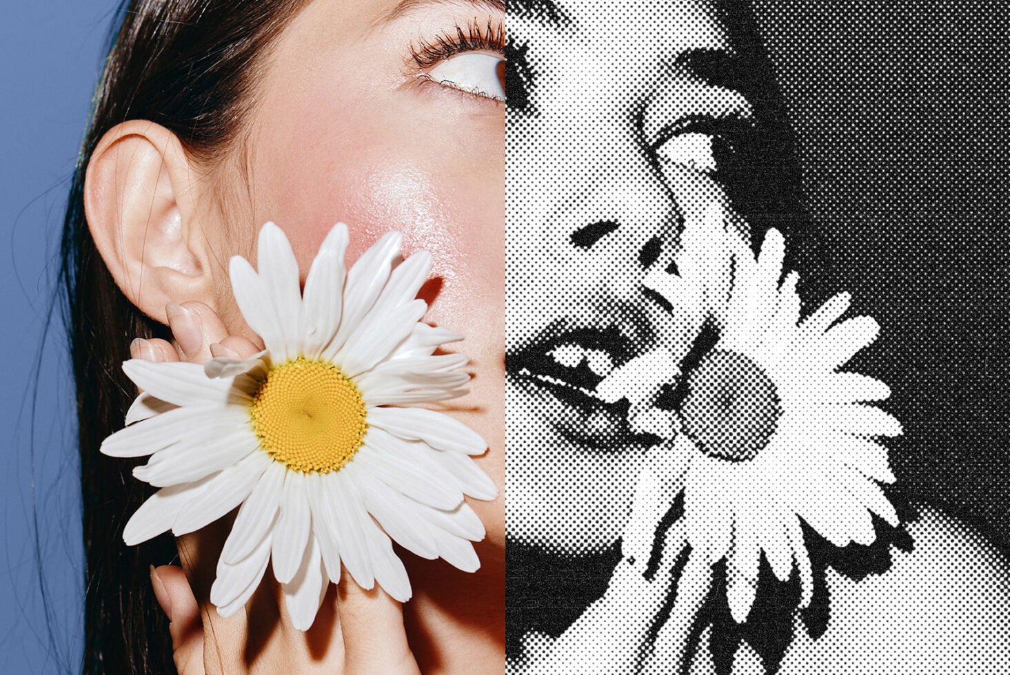 Split portrait with half-tone effect featuring a woman holding a daisy. Ideal for digital arts and graphic design inspiration mockup.
