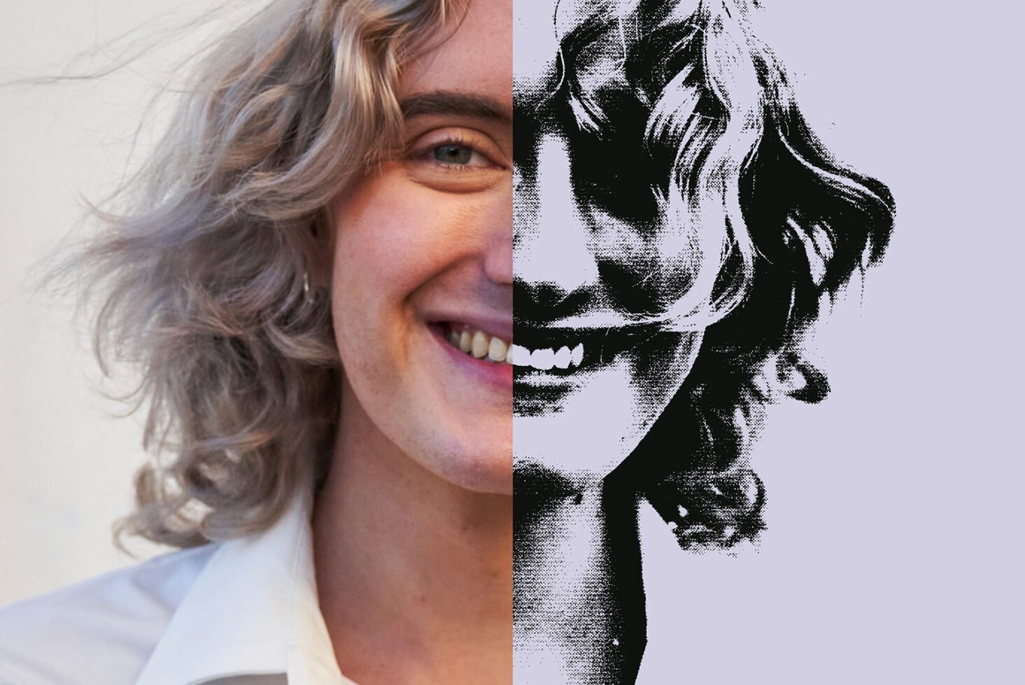 Half-tone portrait graphic and photo split; textured curly-haired individual. Ideal for designers seeking unique graphics or mockup elements.
