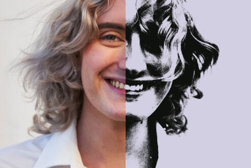Half-tone portrait graphic and photo split; textured curly-haired individual. Ideal for designers seeking unique graphics or mockup elements.