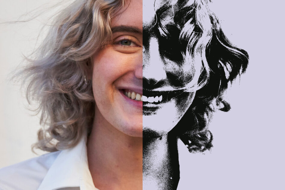 Portrait split into photo on left, pixelated sketch on right showing same face