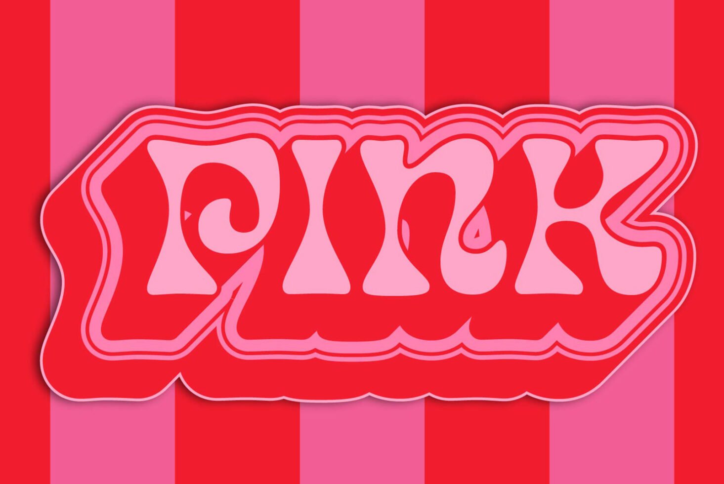 Retro pink typography in stylized bubble letters on striped background. Ideal for graphic design projects, templates, and creative typography layouts.