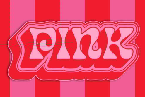 Retro pink typography in stylized bubble letters on striped background. Ideal for graphic design projects, templates, and creative typography layouts.