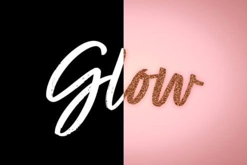 Half black half pink background with the text Glow in white script on black and glitter texture on pink; ideal for fonts or text effects for designers.