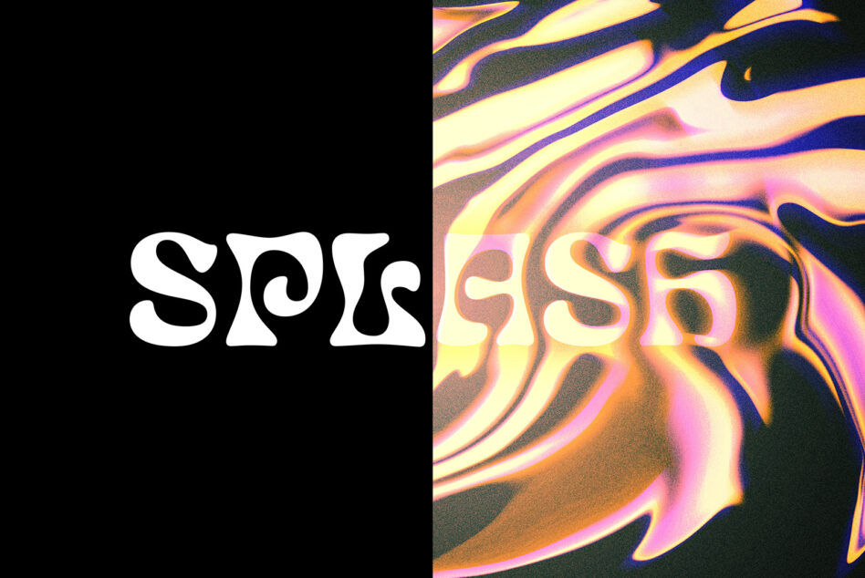 SPS text split black white, PSS in gold glitter on neon swirl