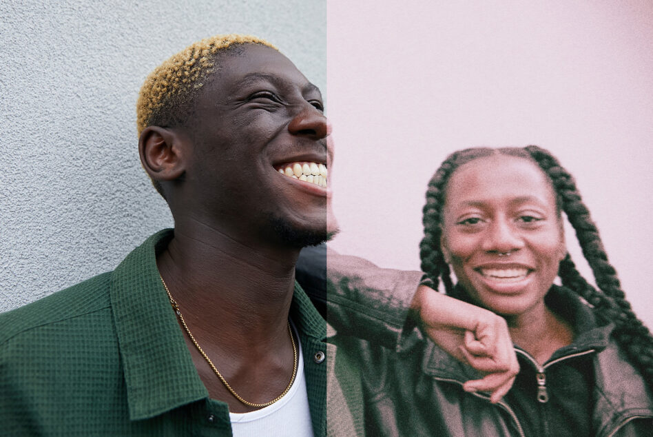 Split portrait of man in green jacket smiling next to woman with braids