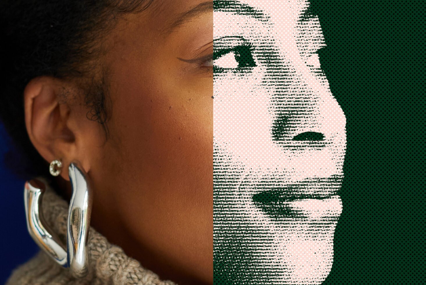 Close-up of a woman's face with large earring, half in photo-realistic style, half in halftone effect. Perfect for designers looking for unique graphics.