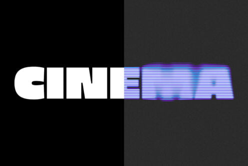 Glitch text effect with white letters fading into cyan scanlines on dark background