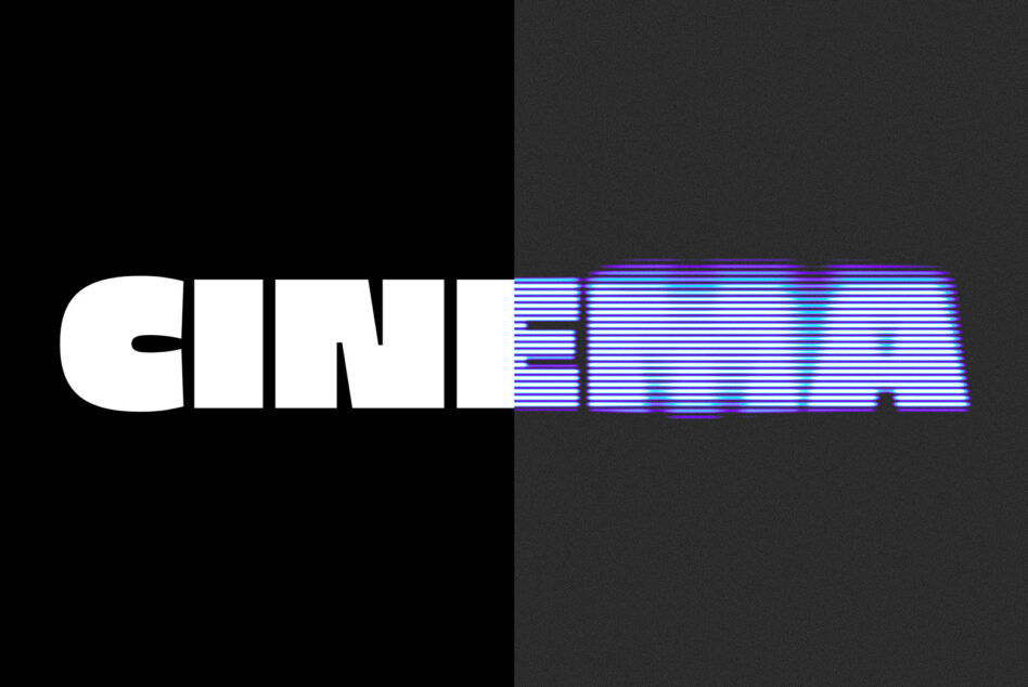 Glitch text effect with white letters fading into cyan scanlines on dark background