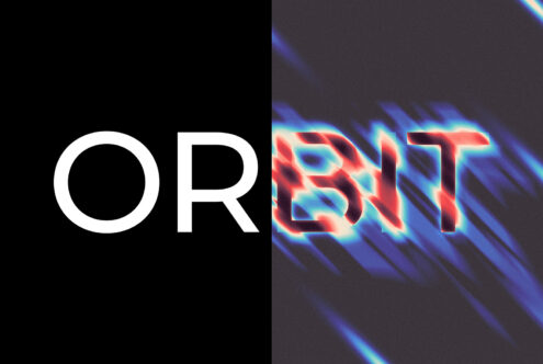 Abstract graphic design featuring the word ORBIT; half in clean white text on black, half in vibrant glitch effect. Ideal for modern design projects