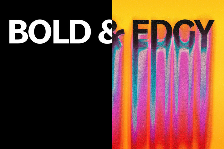 Bold white sans serif left, colorful gradient letters right on split background
