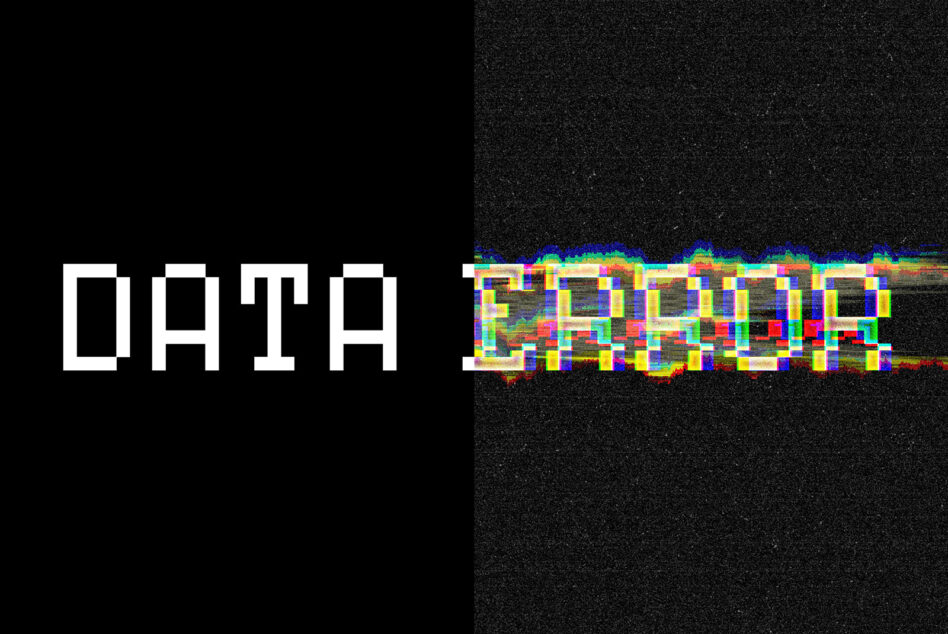 Split screen white text vs glitched RGB version on black background