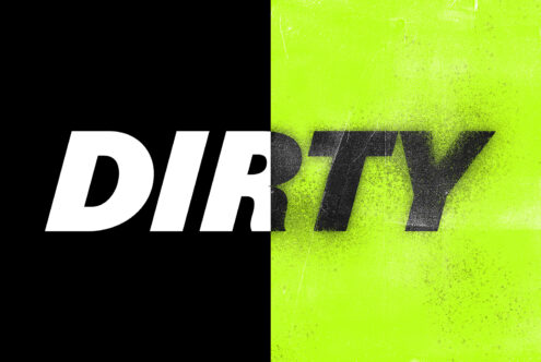 Bold graphic typography design with split background of black and neon yellow textures, word Dirty for designers, templates, graphic assets, SEO.