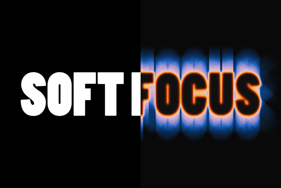 White text SOFT with orange neon OCUS behind it on scanline background