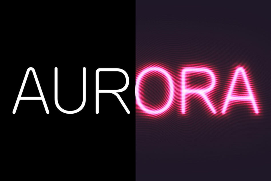 White AUR text beside bright magenta neon ORA letters on dark background