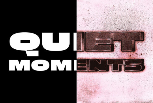 Split layout with white text left, distressed copper letters right on pink