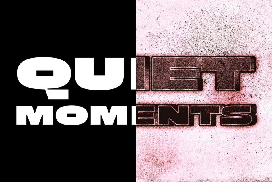 Split layout with white text left, distressed copper letters right on pink