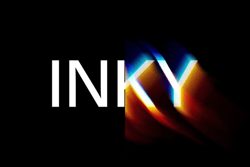 White letters with 3D extruded glow in cyan, yellow, orange tones