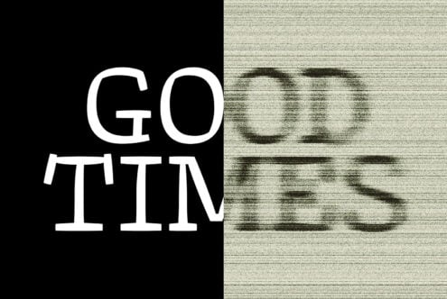 Typography design showing Good Times text in bold black and white with a glitch effect. Ideal for graphic design templates or digital art projects.