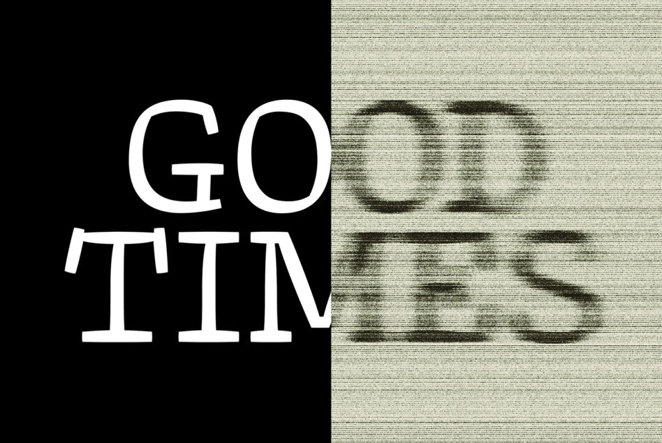 GO TIN split layout with clean white sans-serif on black left side, pixelated scanline text right