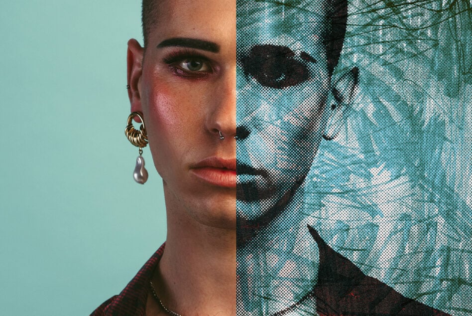 Split portrait showing clean side transitioning to pixelated halftone effect
