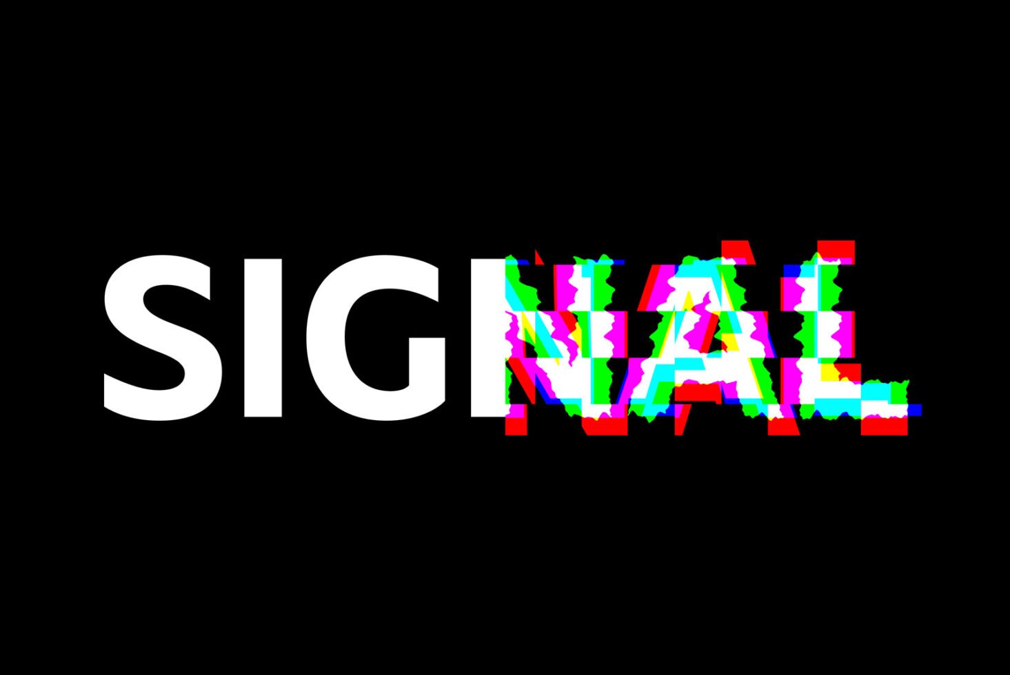 Glitch art text design with the word SIGNAL in bold white font on a black background. Colorful distortion effect suitable for graphics and templates.