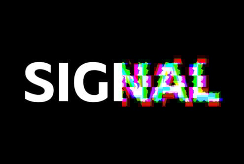 Glitch art text design with the word SIGNAL in bold white font on a black background. Colorful distortion effect suitable for graphics and templates.