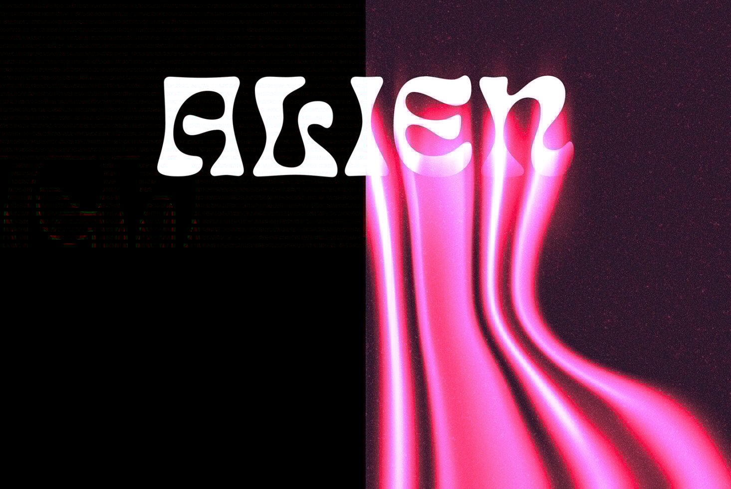 Alien font design with psychedelic style on split black and pink neon background ideal for graphic templates and designer mockups.