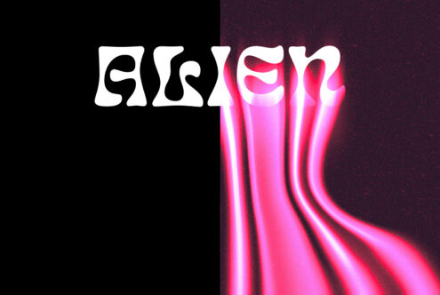 Alien font design with psychedelic style on split black and pink neon background ideal for graphic templates and designer mockups.