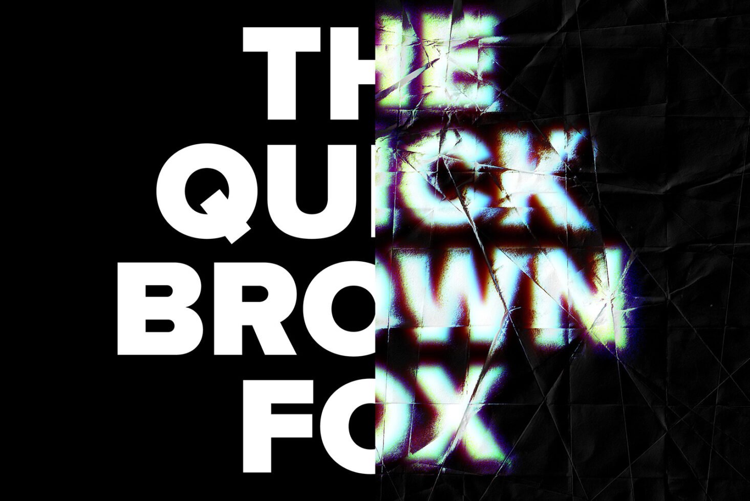 Bold and glitch effect font design of the text The Quick Brown Fox on a black background ideal for designers seeking modern, dynamic typography graphics