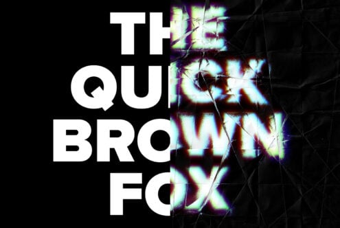 Clean white letters plus pixelated glitch text on dark background
