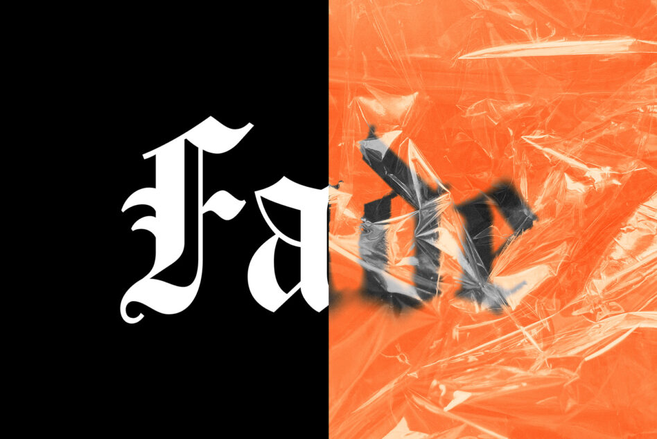 Gothic Ja letters on split black orange background with plastic wrap texture overlay