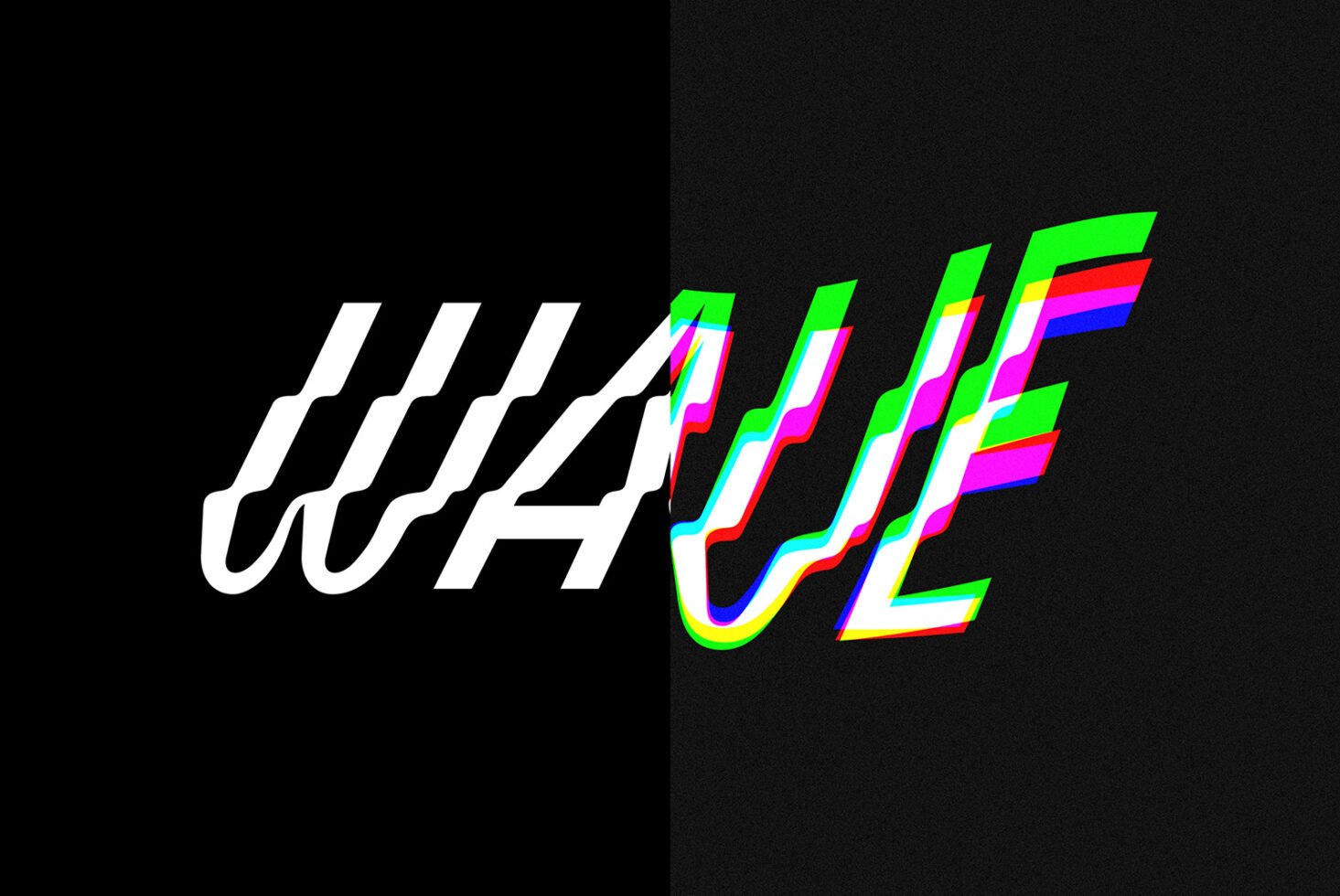 Bold text graphic with a split wave effect, blending black and white with vibrant glitch colors. Ideal for digital design, typography, graphic art projects.