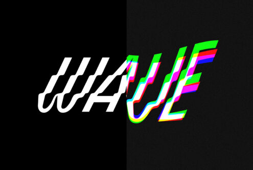 Bold text graphic with a split wave effect, blending black and white with vibrant glitch colors. Ideal for digital design, typography, graphic art projects.