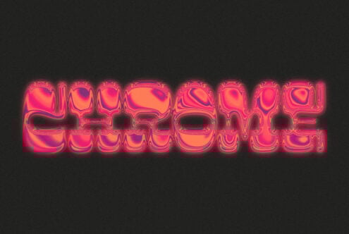 Psychedelic chrome text effect with vibrant pink and purple hues on a black background. Ideal for typography, graphic design, and digital art projects.