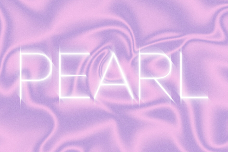 Outline style PEARL text glowing against purple fluid waves background