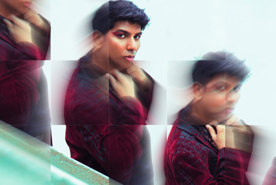 Glitch effect portrait of person in maroon shirt with cyan color split, multiple overlays