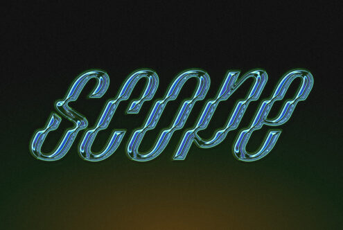 Neon text graphic mockup with sci-fi design in glowing blue and green colors on dark gradient background for designers digital asset marketplace SEO