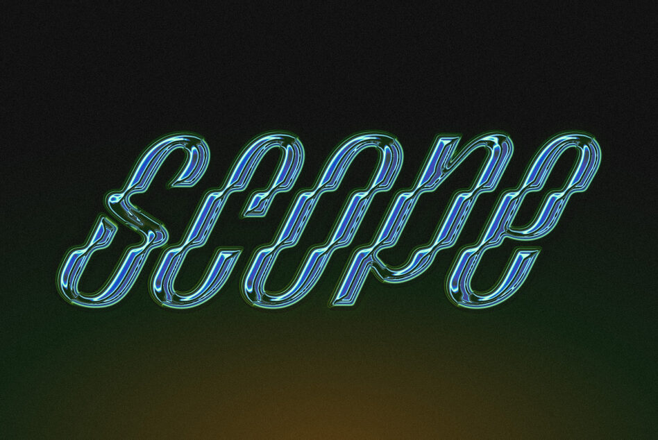 Striped neon blue green italic text with glossy 3D depth effect
