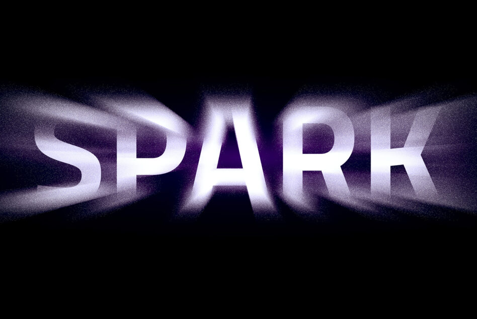 Bright white SPARK text with purple glow on black background