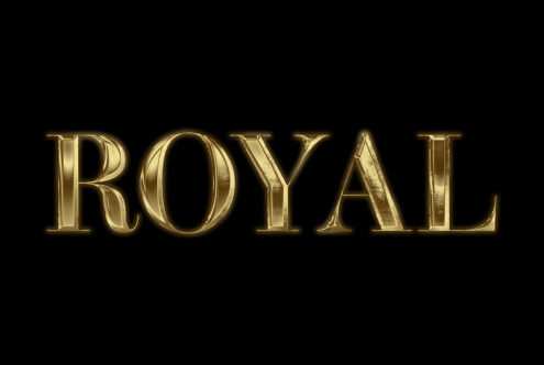 Golden ROYAL text effect on black background for premium typography design. Ideal for high-end graphics and font design projects. Luxurious style.