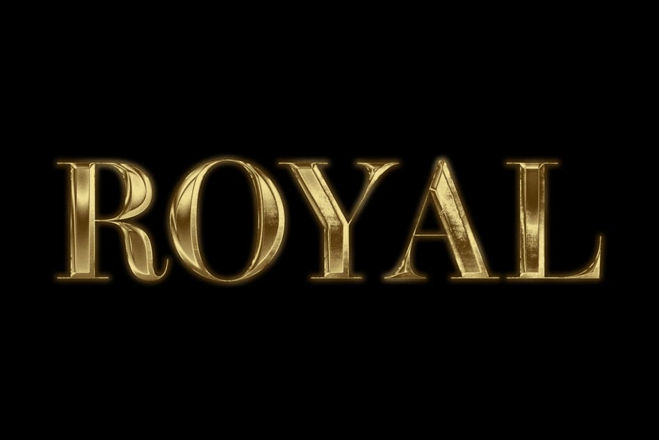 Polished gold 3D text spelling ROYAL on black background