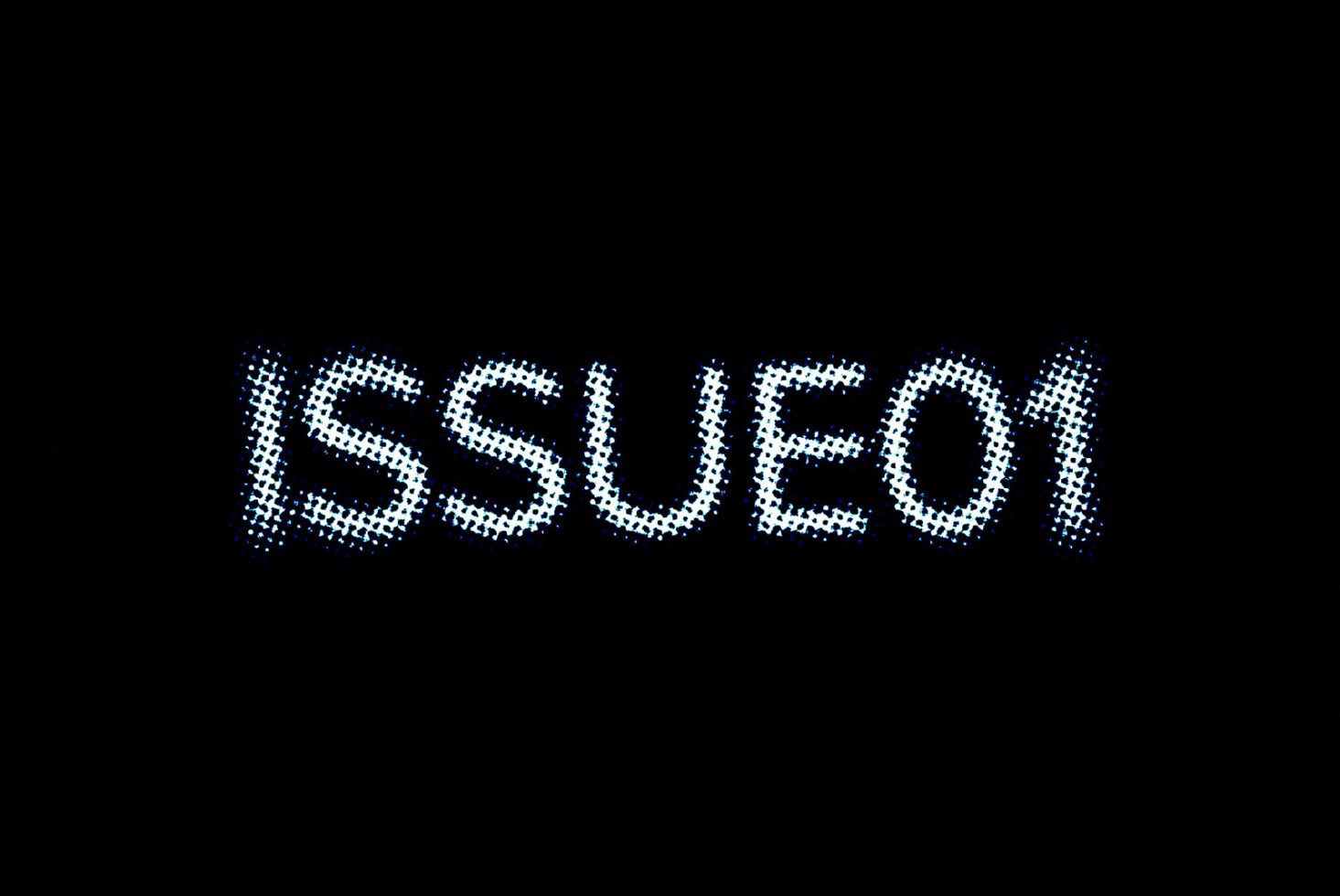 Bold halftone text ISSUE01 on black background suitable for graphic templates and typography design assets. Ideal for designers seeking unique fonts.