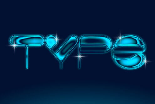 Bright cyan neon liquid text effect spelling TYPE on dark blue background