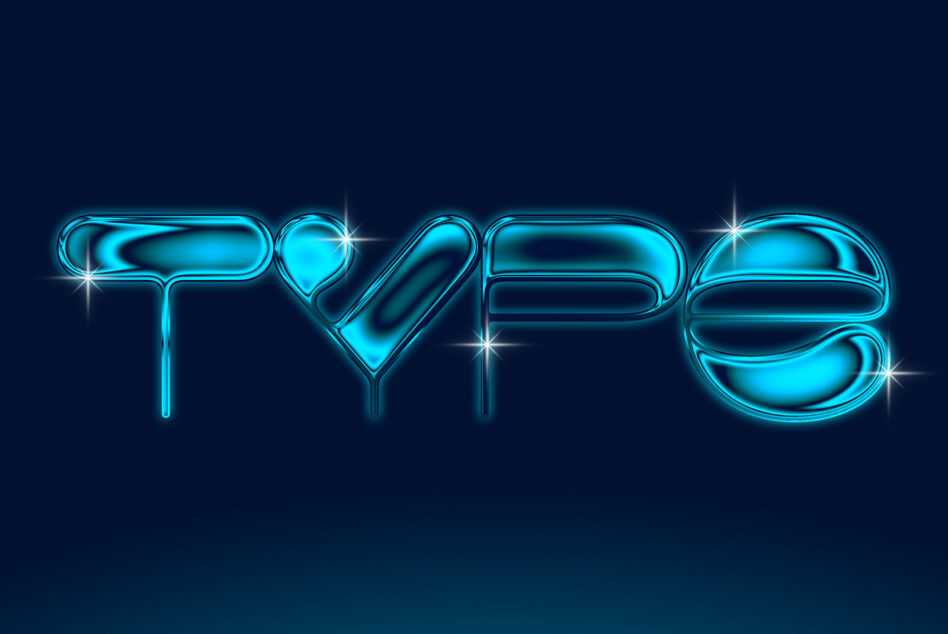 Bright cyan neon liquid text effect spelling TYPE on dark blue background