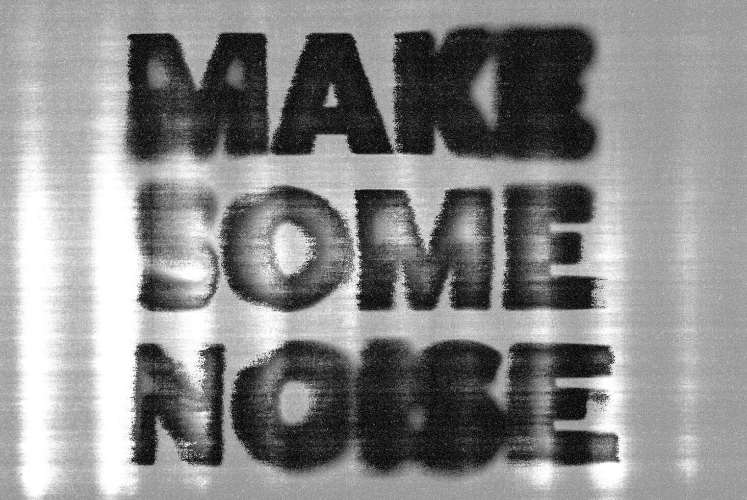 Bold stencil text Make Some Noise on metallic background with reflective shadow. Ideal for graphic design, typography projects, modern poster design.